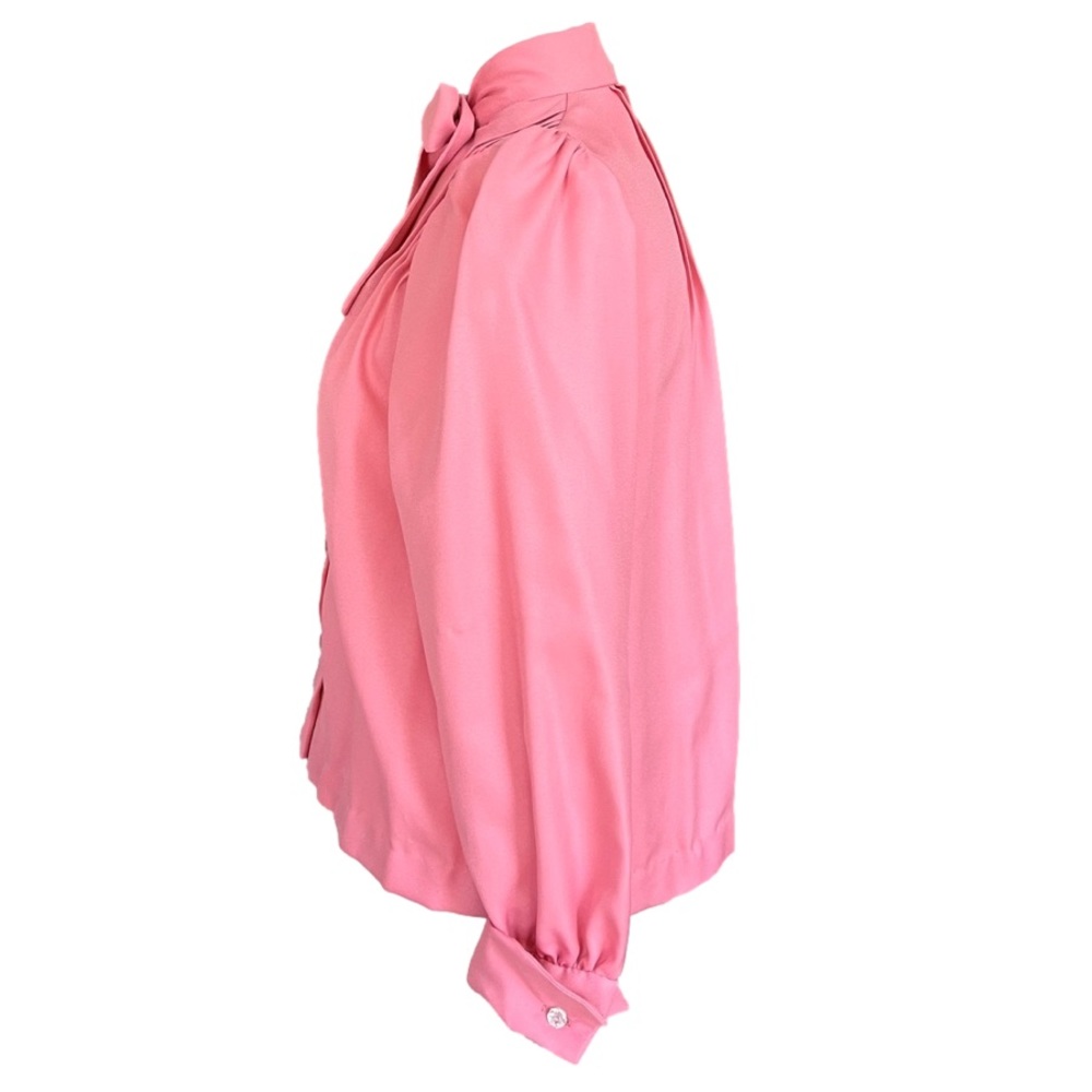 Vintage 70s peach pink bow button up long sleeve pleated secretary blouse - Picture 4 of 10